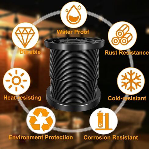 FOLUXING 200Ft Wire Rope, 304 Stainless Steel Black Vinyl Coated Wire Rope, Outdoor Light Guide Wire, 1/16 Inch Coated to 3/32 Inch for Hanging String Lights, Globe Lights and Lanterns in Saudi Arabia
