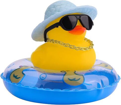 LUTER Car Duck Decoration Dashboard, Rubber Duck Car Decoration Little Yellow Duck Car Decoration for Car Dashboard Decoration Accessories with Gold Chain Straw Hat Sunglasses (Blue Swim Ring) in Saudi Arabia