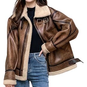 Women’s Distressed Brown Aviator Genuine Sheepskin Sherpa Shearling Faux Fur Lined Winter Warm Flight Pilot Leather Jacket in Saudi Arabia