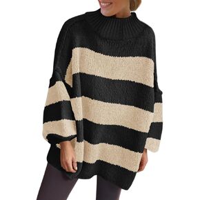 Saodimallsu Womens Oversized Striped Sweater Mock Neck Chunky Knit Lantern Long Sleeve Fall Trendy Tunic Sweaters Top in Kuwait