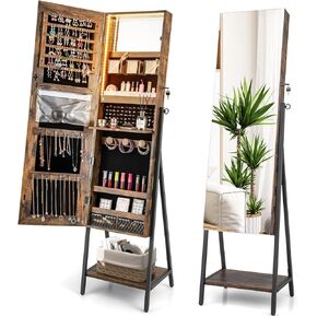 CHARMAID Standing Jewelry Armoire with Full Length Mirror, Lockable Jewelry Cabinet Organizer with Lights, 3 Lighting Modes, Foldable Makeup Tray, Storage Drawers & Shelves (Rustic Brown) in Saudi Arabia