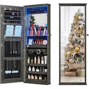 خزانة مجوهرات دوارة 360 درجة مع أضواء - مرآة فانيتي RGB | مرآة قابلة للدوران بطول كامل مع مساحة تخزين للمجوهرات، منظم لخزانة المجوهرات، رف مكياج قابل للطي، أبيض (أبيض 052) in Kuwait