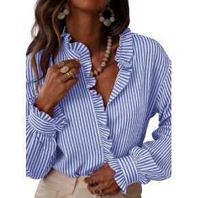 Astylish Womens Plaid Ruffle V Neck Button Down Blouse Casual Long Sleeve Gingham Trendy Tops Work Checkered Shirt in Saudi Arabia