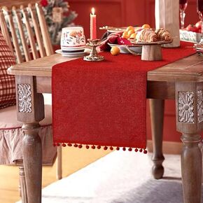 Christmas Table Runner, 14x72 inch Rustic Burlap Table Runner with Pom Pom Red Dining Table Runner for Christmas Wedding Valentine's Day Party Decorations in Saudi Arabia