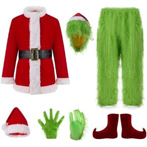 7PCS عيد الميلاد أزياء الوحش الأخضر الكبار فروي عيد الميلاد تأثيري حلي سانتا الزي مجموعات، M in Kuwait