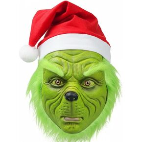 مجموعة قناع وقفازات عيد الميلاد من Green Monster، إكسسوار زي عطلة من اللاتكس، مقاس للبالغين، طراز كلاسيكي مع قبعة سانتا in Kuwait