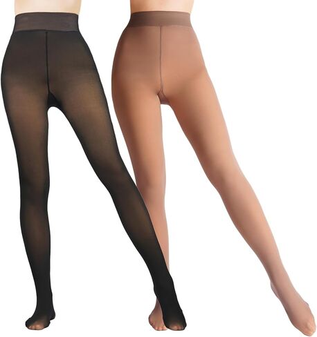 2 Pairs Women Fleece Lined Tights-Fake Translucent Leggings High Waist Pantyhose Sheer Thick Warm Tights For Women in Saudi Arabia