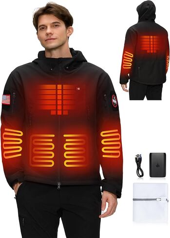Heated Jacket for Men with 12V Battery Pack, Winter Outdoor Soft Shell Electric Heating Coat with Foldable Hood in Saudi Arabia