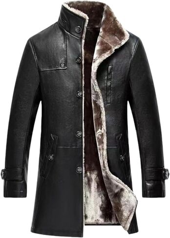 Mens Leather Jacket Warm Winter Long Waterproof Trench Coat Men's Sherpa Lined Collar Casual Classic Coat in Saudi Arabia