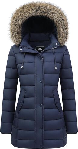Women's Winter Thickened Down Jacket Warm Long Puffer Coat Waterproof Parka with Faux Fur Removable Hood in Saudi Arabia