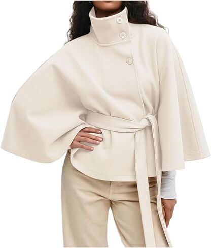 OPCAKM Women's Batwing Sleeve Poncho Coat Oversized Winter Pea Coat Stand Collar Cropped Cape Jacket with Belt in Saudi Arabia