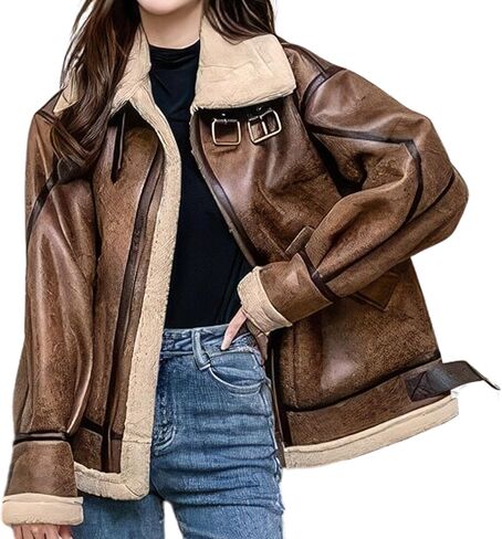 Women’s Distressed Brown Aviator Genuine Sheepskin Sherpa Shearling Faux Fur Lined Winter Warm Flight Pilot Leather Jacket in Saudi Arabia