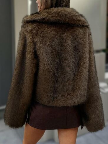 ELLEVEN Women's Two-Tone Faux Fur Coat - Fluffy Winter Jacket with Lapel Collar, Hooks & Pockets in Saudi Arabia