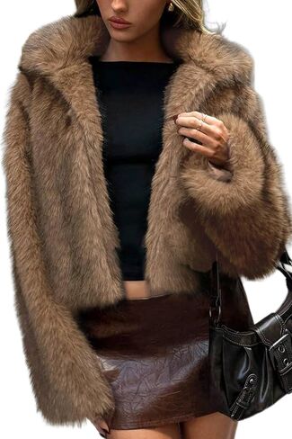 ELLEVEN Women's Two-Tone Faux Fur Coat - Fluffy Winter Jacket with Lapel Collar, Hooks & Pockets in Saudi Arabia