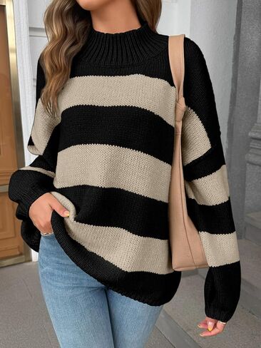 Saodimallsu Womens Oversized Striped Sweater Mock Neck Chunky Knit Lantern Long Sleeve Fall Trendy Tunic Sweaters Top in Saudi Arabia