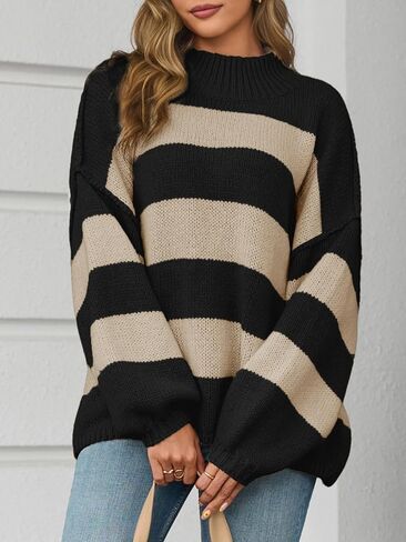 Saodimallsu Womens Oversized Striped Sweater Mock Neck Chunky Knit Lantern Long Sleeve Fall Trendy Tunic Sweaters Top in Saudi Arabia
