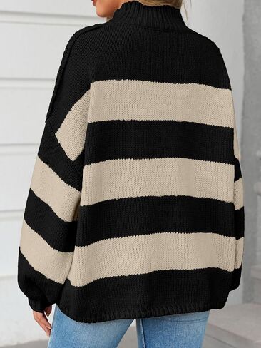 Saodimallsu Womens Oversized Striped Sweater Mock Neck Chunky Knit Lantern Long Sleeve Fall Trendy Tunic Sweaters Top in Saudi Arabia