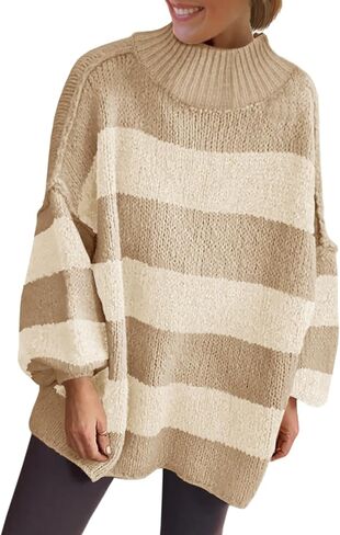 Saodimallsu Womens Oversized Striped Sweater Mock Neck Chunky Knit Lantern Long Sleeve Fall Trendy Tunic Sweaters Top in Saudi Arabia