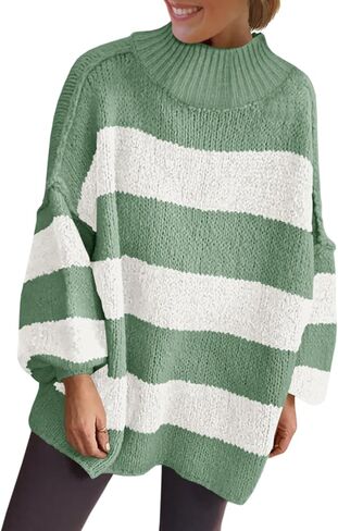 Saodimallsu Womens Oversized Striped Sweater Mock Neck Chunky Knit Lantern Long Sleeve Fall Trendy Tunic Sweaters Top in Saudi Arabia