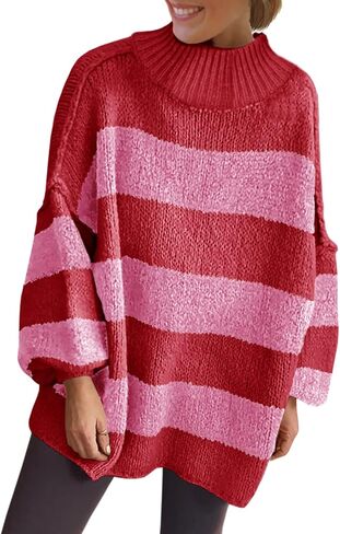 Saodimallsu Womens Oversized Striped Sweater Mock Neck Chunky Knit Lantern Long Sleeve Fall Trendy Tunic Sweaters Top in Saudi Arabia