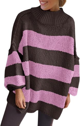Saodimallsu Womens Oversized Striped Sweater Mock Neck Chunky Knit Lantern Long Sleeve Fall Trendy Tunic Sweaters Top in Saudi Arabia