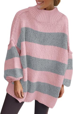 Saodimallsu Womens Oversized Striped Sweater Mock Neck Chunky Knit Lantern Long Sleeve Fall Trendy Tunic Sweaters Top in Saudi Arabia
