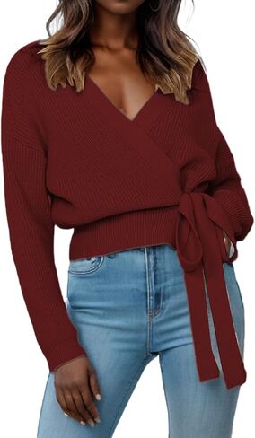 Womens Fall Sweaters 2026 Womens Casual V Neck Wrap Sweater Pullovers Lightweight Ribbed Drop Shoulder Knitted Warm Cozy Tops in Saudi Arabia
