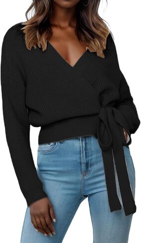 Womens Fall Sweaters 2026 Womens Casual V Neck Wrap Sweater Pullovers Lightweight Ribbed Drop Shoulder Knitted Warm Cozy Tops in Saudi Arabia