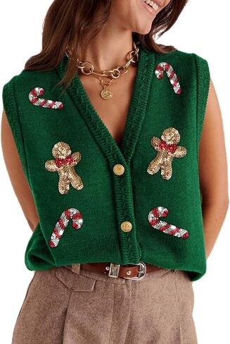 Women Christmas Sweater Vests Santa Claus Print Sleeveless Knit Cardigan Vest Christmas Holiday Tank Top in Saudi Arabia