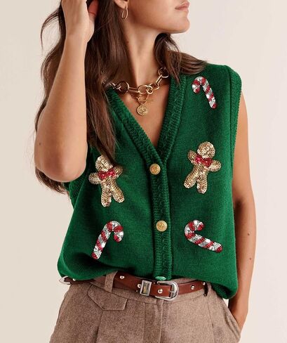 Women Christmas Sweater Vests Santa Claus Print Sleeveless Knit Cardigan Vest Christmas Holiday Tank Top in Saudi Arabia