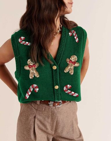 Women Christmas Sweater Vests Santa Claus Print Sleeveless Knit Cardigan Vest Christmas Holiday Tank Top in Saudi Arabia