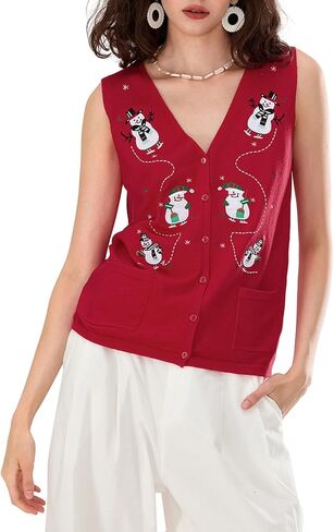 Women Christmas Sweater Vests Santa Claus Print Sleeveless Knit Cardigan Vest Christmas Holiday Tank Top in Saudi Arabia