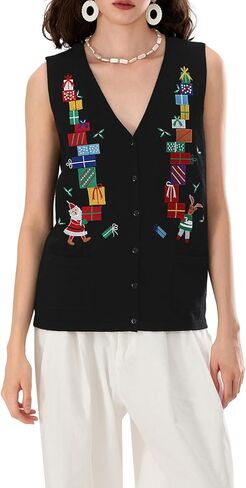 Women Christmas Sweater Vests Santa Claus Print Sleeveless Knit Cardigan Vest Christmas Holiday Tank Top in Saudi Arabia