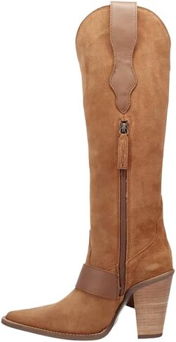 Dingo Womens Yeehottie Suede Leather Casual Boots Over the Knee Mid Heel 2-3" - Beige in Saudi Arabia