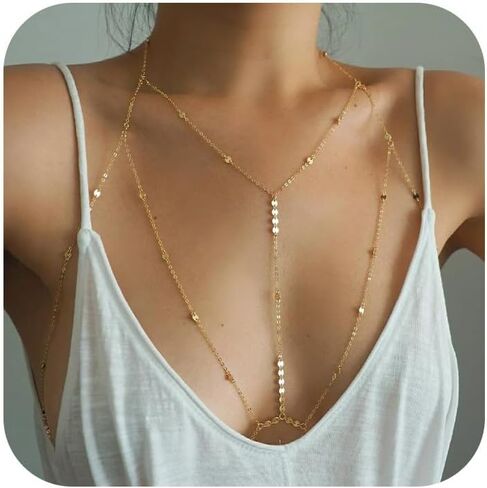سلاسل الجسم مطلية بالذهب عيار 14 قيراط للنساء، سلسلة حمالة صدر بيكيني مثيرة ذات طبقات للخصر، مجوهرات للجسم من حجر الراين للشاطئ في الصيف in Kuwait