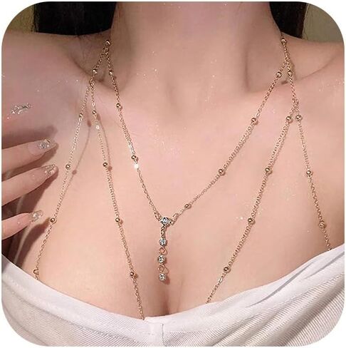 سلاسل الجسم مطلية بالذهب عيار 14 قيراط للنساء، سلسلة حمالة صدر بيكيني مثيرة ذات طبقات للخصر، مجوهرات للجسم من حجر الراين للشاطئ في الصيف in Kuwait