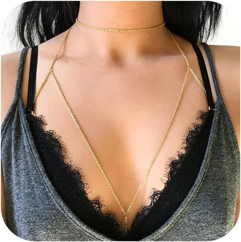 سلاسل الجسم مطلية بالذهب عيار 14 قيراط للنساء، سلسلة حمالة صدر بيكيني مثيرة ذات طبقات للخصر، مجوهرات للجسم من حجر الراين للشاطئ في الصيف in Kuwait