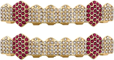 Grillz for Hip Hop 8-Tooth Full Diamond Gold Plated 2-Piece Set Sparkling Luxury Adjustable for Hip Hop Party Music Festival in Saudi Arabia