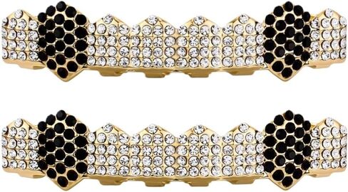 Grillz for Hip Hop 8-Tooth Full Diamond Gold Plated 2-Piece Set Sparkling Luxury Adjustable for Hip Hop Party Music Festival in Kuwait