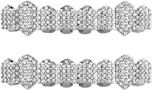 Grillz for Hip Hop 8-Tooth Full Diamond Gold Plated 2-Piece Set Sparkling Luxury Adjustable for Hip Hop Party Music Festival in Saudi Arabia