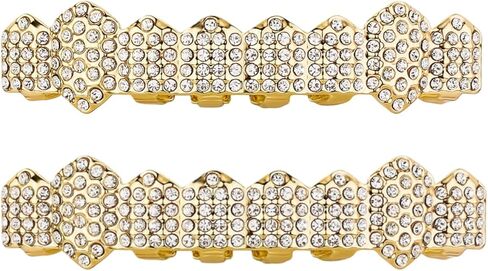 Grillz for Hip Hop 8-Tooth Full Diamond Gold Plated 2-Piece Set Sparkling Luxury Adjustable for Hip Hop Party Music Festival in Saudi Arabia