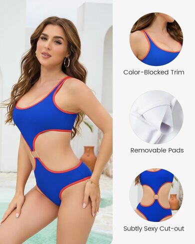 Cromi Women's Cutout One Piece Swimsuit O Ring Linked Monokini Color Block High Waisted Bathing Suit in Saudi Arabia