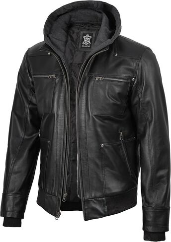 سترة جلدية للرجال من Blingsoul Cafe Racer - سترات جلدية بغطاء للرأس قابلة للإزالة على طراز Moto Style للرجال in Kuwait