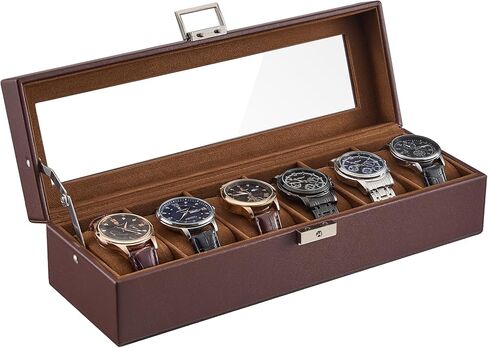 ProCase 6 Slot Watch Case Box for Men, PU leather Man Watch Organizer with Soft Pillow, Lockable Watch Collection Storage Holder with Glass Display Lid -AllBlack in Saudi Arabia