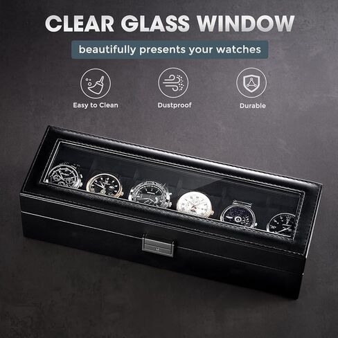 ProCase 6 Slot Watch Case Box for Men, PU leather Man Watch Organizer with Soft Pillow, Lockable Watch Collection Storage Holder with Glass Display Lid -AllBlack in Saudi Arabia