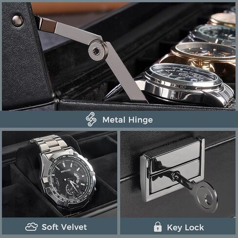 ProCase 6 Slot Watch Case Box for Men, PU leather Man Watch Organizer with Soft Pillow, Lockable Watch Collection Storage Holder with Glass Display Lid -AllBlack in Saudi Arabia