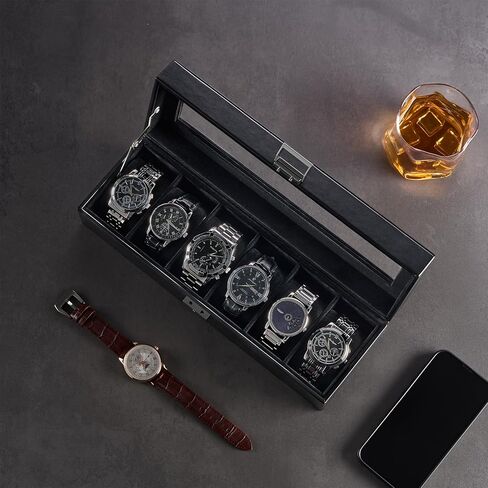 ProCase 6 Slot Watch Case Box for Men, PU leather Man Watch Organizer with Soft Pillow, Lockable Watch Collection Storage Holder with Glass Display Lid -AllBlack in Saudi Arabia