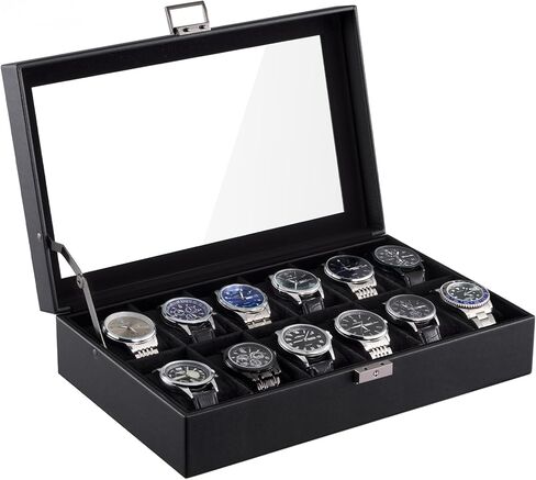 ProCase 6 Slot Watch Case Box for Men, PU leather Man Watch Organizer with Soft Pillow, Lockable Watch Collection Storage Holder with Glass Display Lid -AllBlack in Saudi Arabia
