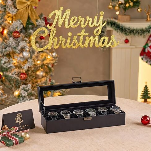 ProCase 6 Slot Watch Case Box for Men, PU leather Man Watch Organizer with Soft Pillow, Lockable Watch Collection Storage Holder with Glass Display Lid -AllBlack in Saudi Arabia