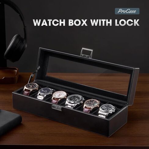 ProCase 6 Slot Watch Case Box for Men, PU leather Man Watch Organizer with Soft Pillow, Lockable Watch Collection Storage Holder with Glass Display Lid -AllBlack in Saudi Arabia
